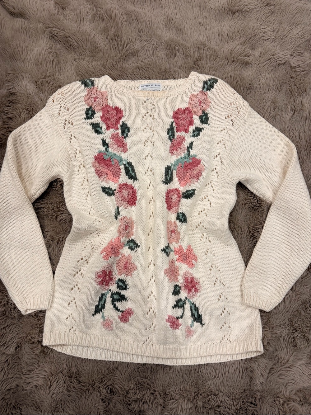 Vintage Chrysantheme Hand Knit Floral Sweater 🌸🤍